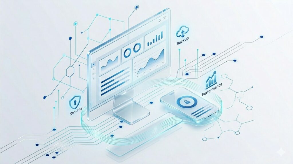 TMA_WordPress_2026 llustration isométrique moderne de la maintenance WordPress et de la sécurité informatique pour sites professionnels.