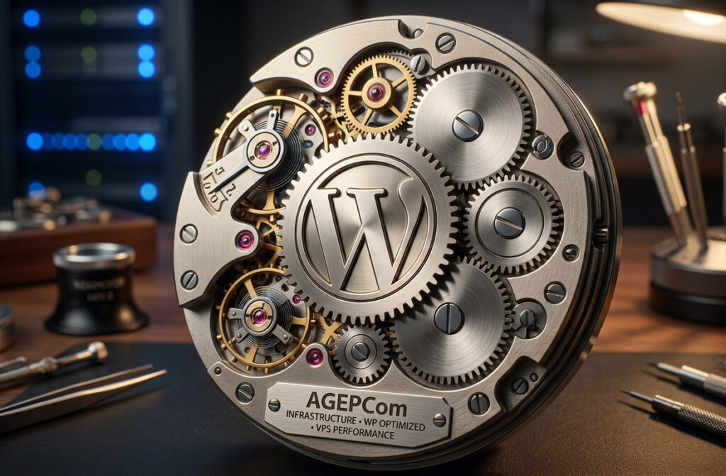 Optimisation et infogérance VPS WordPress par AGEPCom Mécanisme d'horlogerie de haute précision avec le logo WordPress, symbolisant l'optimisation sur-mesure et la performance d'un hébergement VPS managé par AGEPCom.