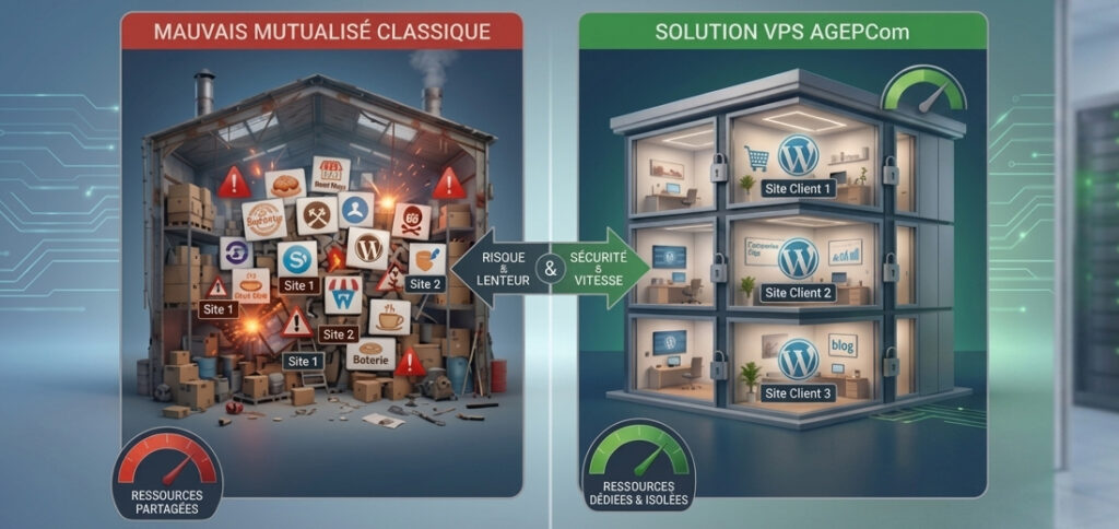 Pourquoi choisir un VPS plutôt qu’un hébergement mutualisé Infographie comparative entre les risques de l'hébergement mutualisé classique et la sécurité d'un serveur VPS managé pour des sites WordPress