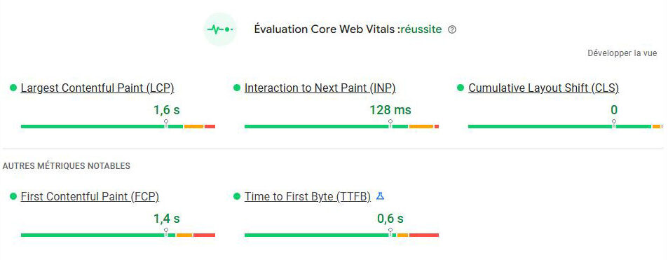 Rapport Core Web Vitals Mobile – Réussite PageSpeed Rapport Google PageSpeed Insights mobile validant la réussite des Core Web Vitals LCP 1.6s et INP 128ms