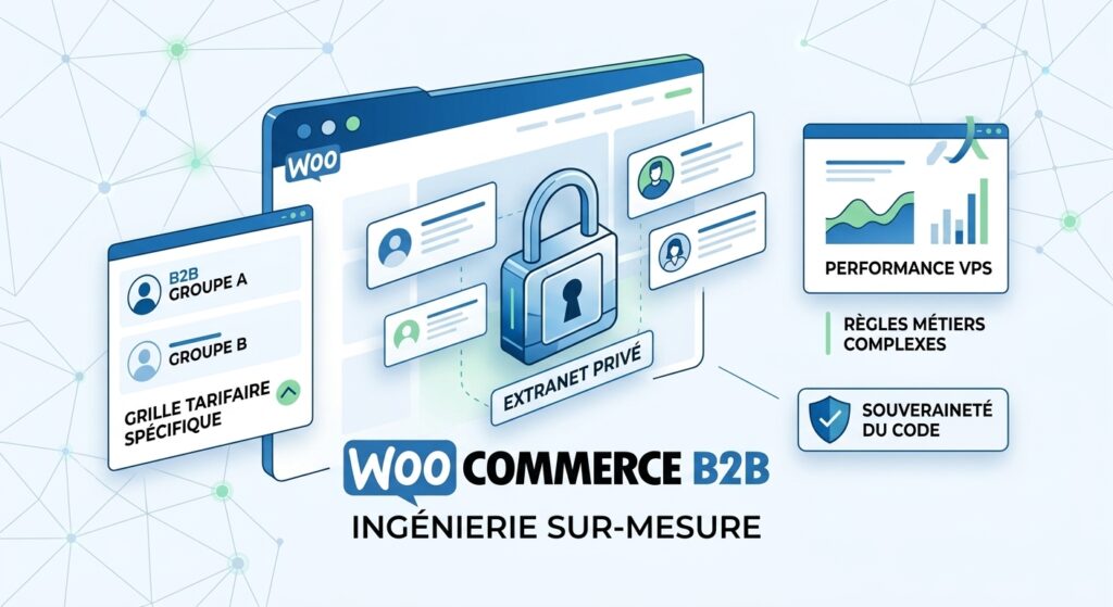 ngénierie WooCommerce B2B et Extranet Privé Schéma illustrant l'optimisation des Core Web Vitals et de la vitesse serveur pour un site WordPress