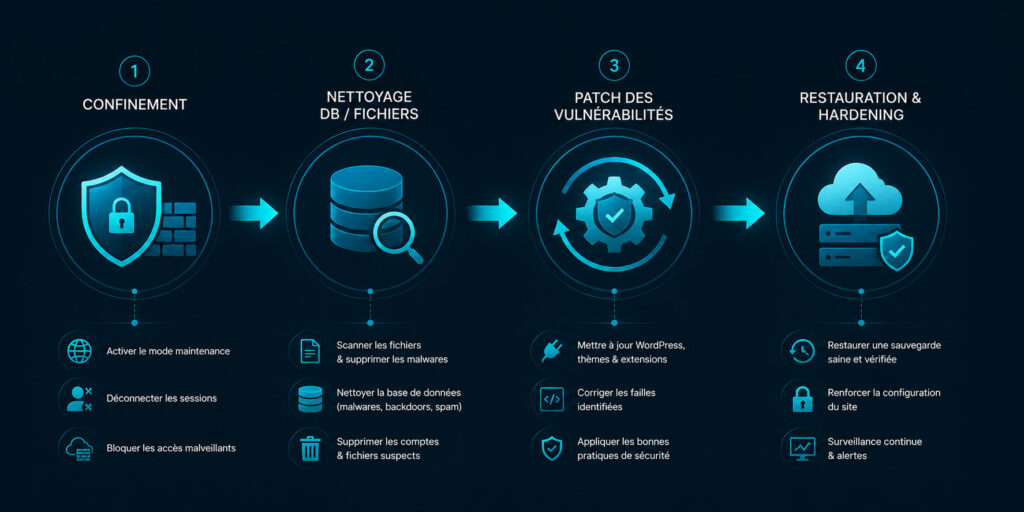 Matrice de désinfection et sécurisation WordPress Infographie décrivant les 4 étapes de nettoyage et de sécurisation post-intrusion WordPress