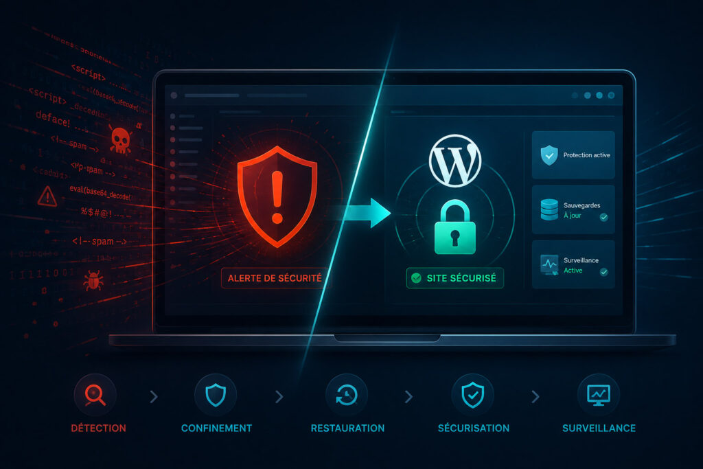 Piratage WordPress – Plan d’urgence et désinfection AGEPCom Illustration du plan de réaction d'urgence et de sécurisation suite au piratage d'un site WordPress
