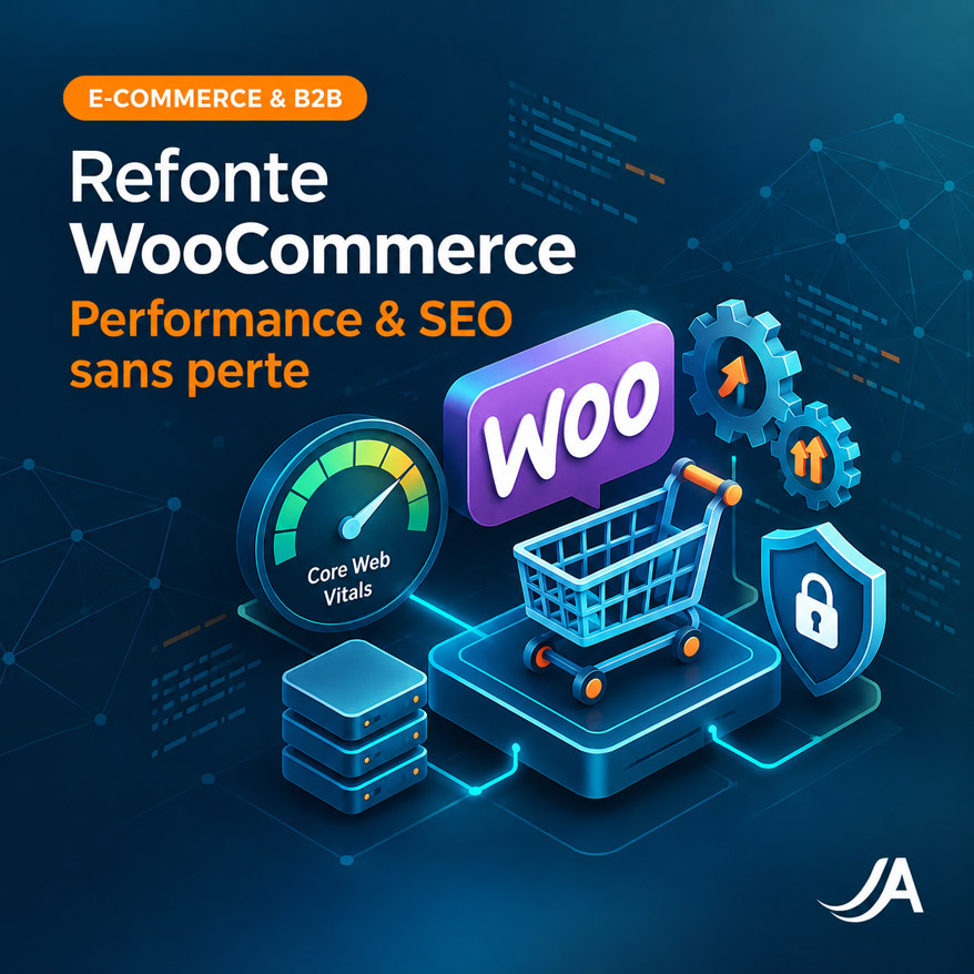 Refonte et optimisation WooCommerce B2B – Performance et SEO Schéma illustrant l'optimisation des Core Web Vitals et de la vitesse serveur pour un site WordPress